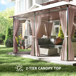 10' x 13' Patio Gazebo, Outdoor 2-Tiers Garden Canopy Yard Sunshade Shelter with Curtains, Khaki – view 4