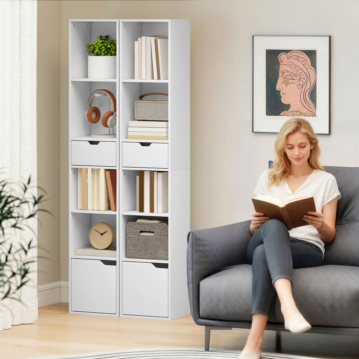 6-Tier Bookcase, Tall Narrow Bookshelf with Drawer and Door, White