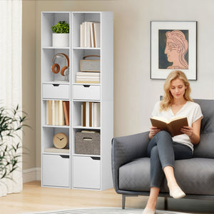 6-Tier Bookcase, Tall Narrow Bookshelf with Drawer and Door, White