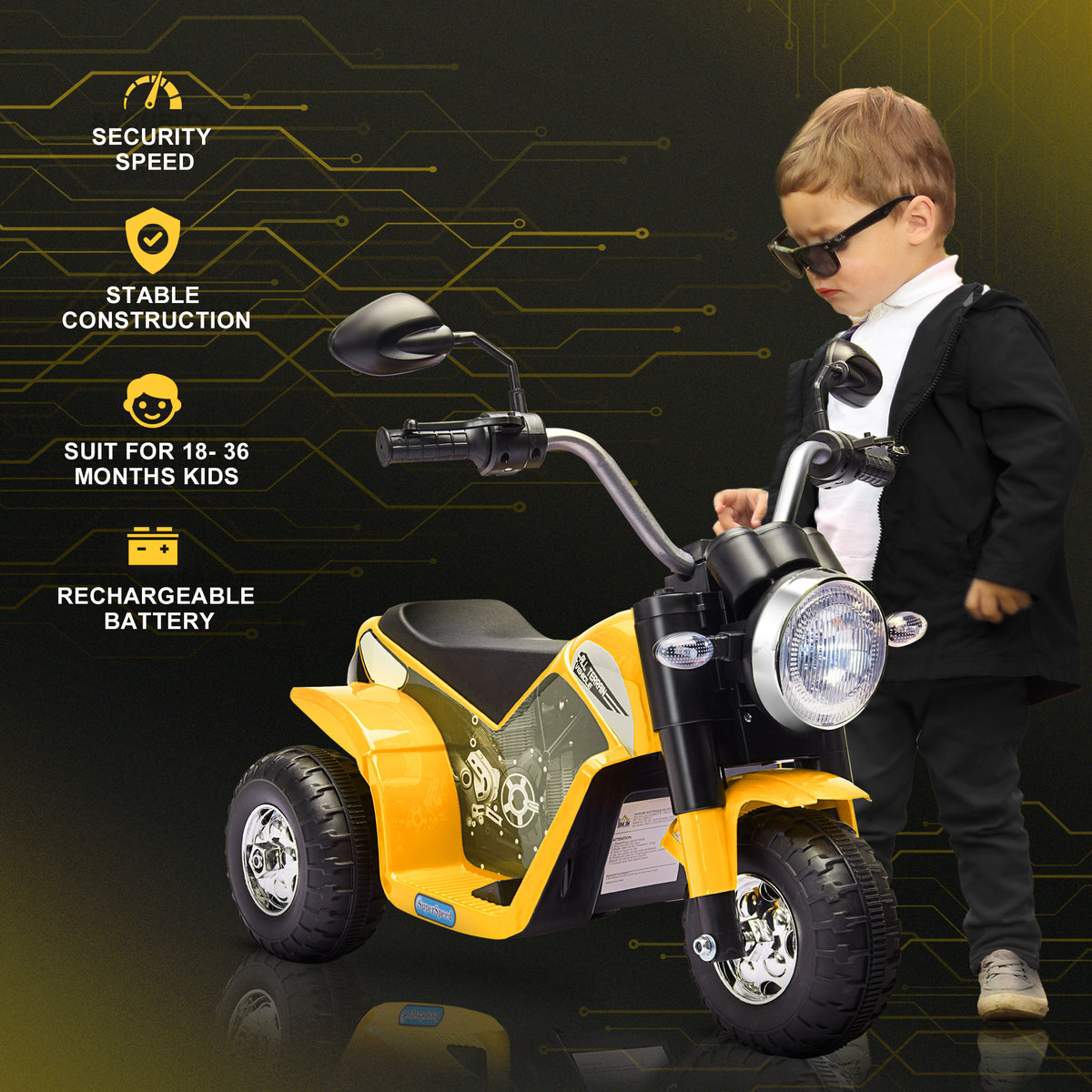 Aosom Kids Electric Motorcycle 6V Battery Powered Ride-On Dirt Bike 3-Wheels Motorbike with Horn Headlights Realistic Sounds 1.24mph Speed for Girls Boy 18 - 36 Months