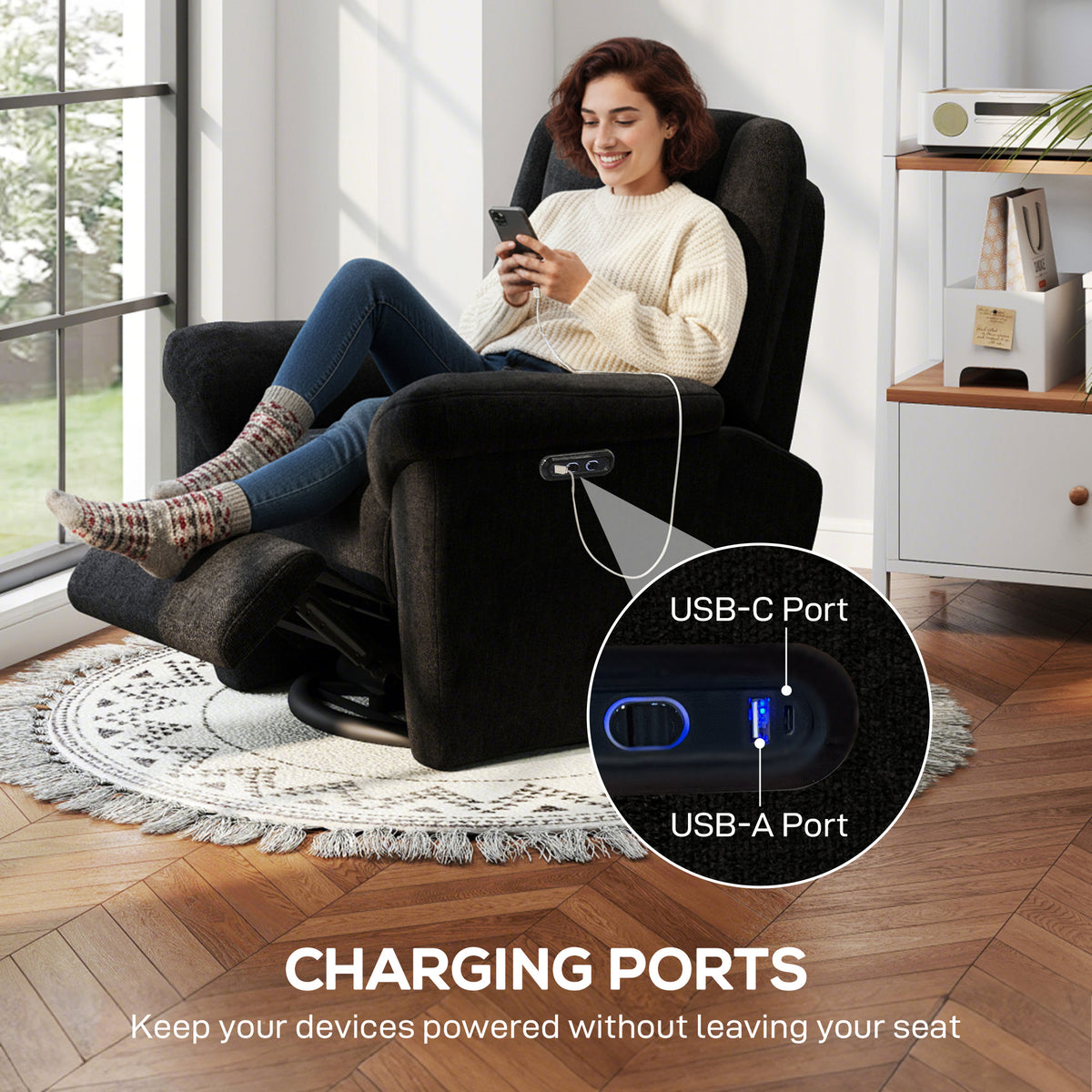 Power Recliner Chair, Fabric Upholstered Recliner Chair with USB Ports, Swivel and Rocking Function – view 6