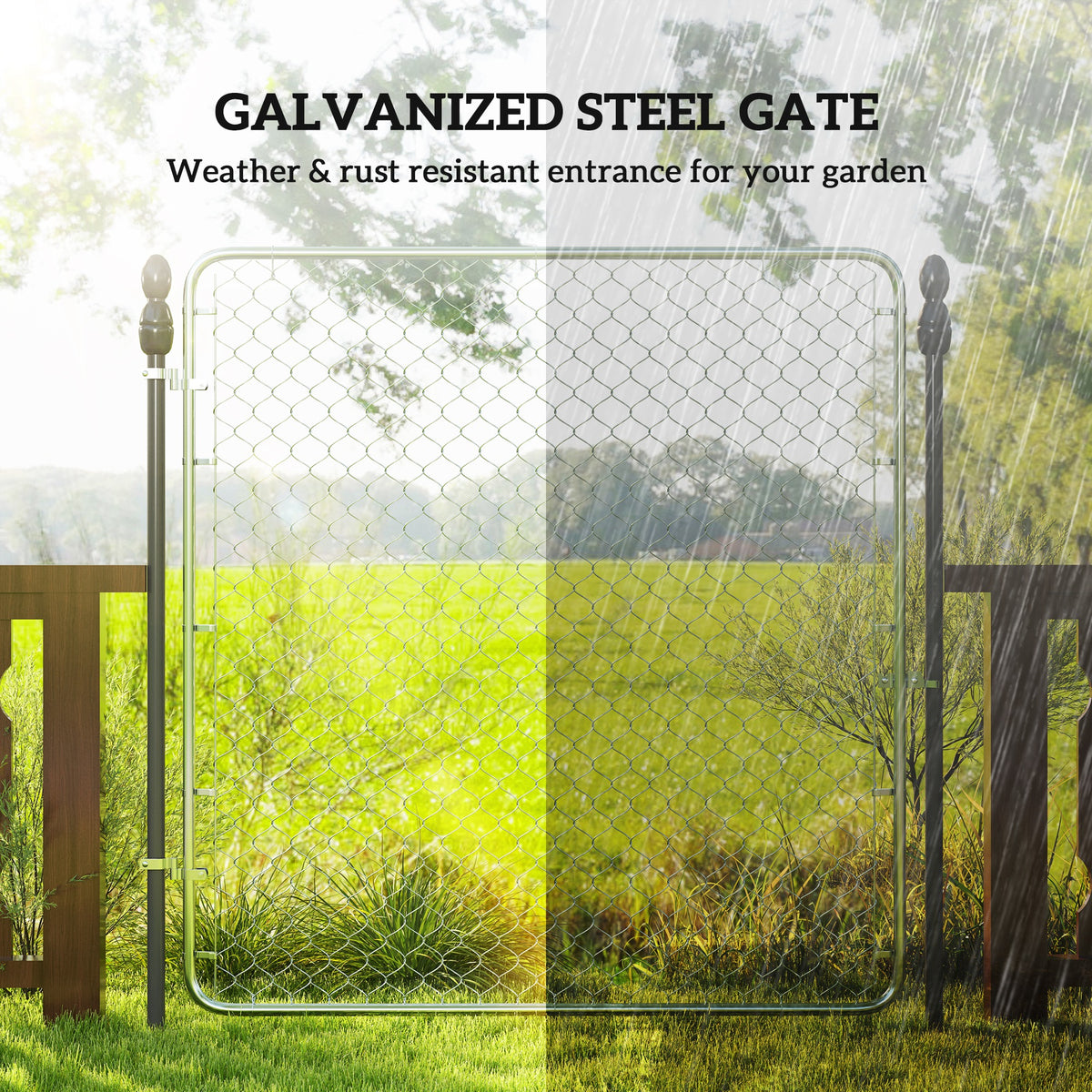Garden Gate Chain Link Fence Gate, Galvanized Steel Garden Door for Yard Entrance Way, 70.9 x 70.9 in., Silver