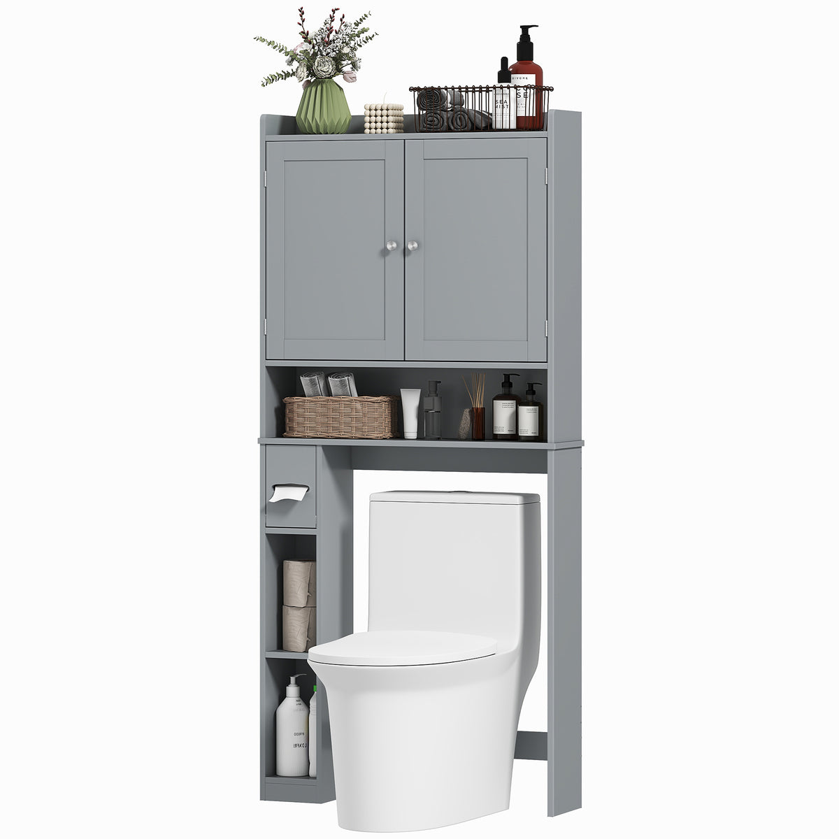 Modern Over the Toilet Storage Cabinet with 2 Doors, Above Commode Storage Cabinet with Toilet Paper