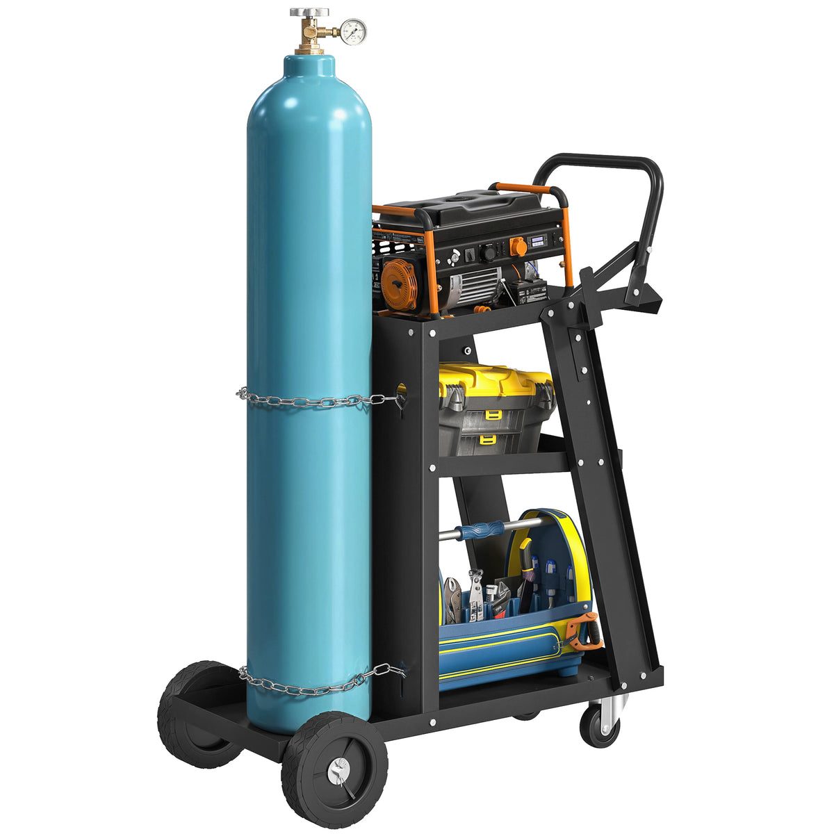 Welding Utility Cart 3-Tier Heavy Duty Rolling Tool Cart with Gas Cylinder Holder Black