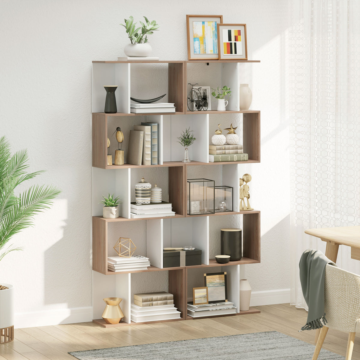 5-Tier Geometric Bookcase Display Shelf Storage Shelf Modern Room Divider Living Room Home Office Furniture, White