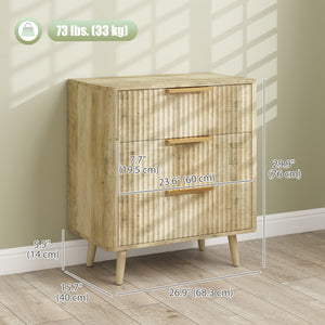 Fluted Chest of Drawers, Modern 3 Drawer Dresser with Pine Wood Legs, Finger Pulls for Closet, Living Room, Hallway, Oak