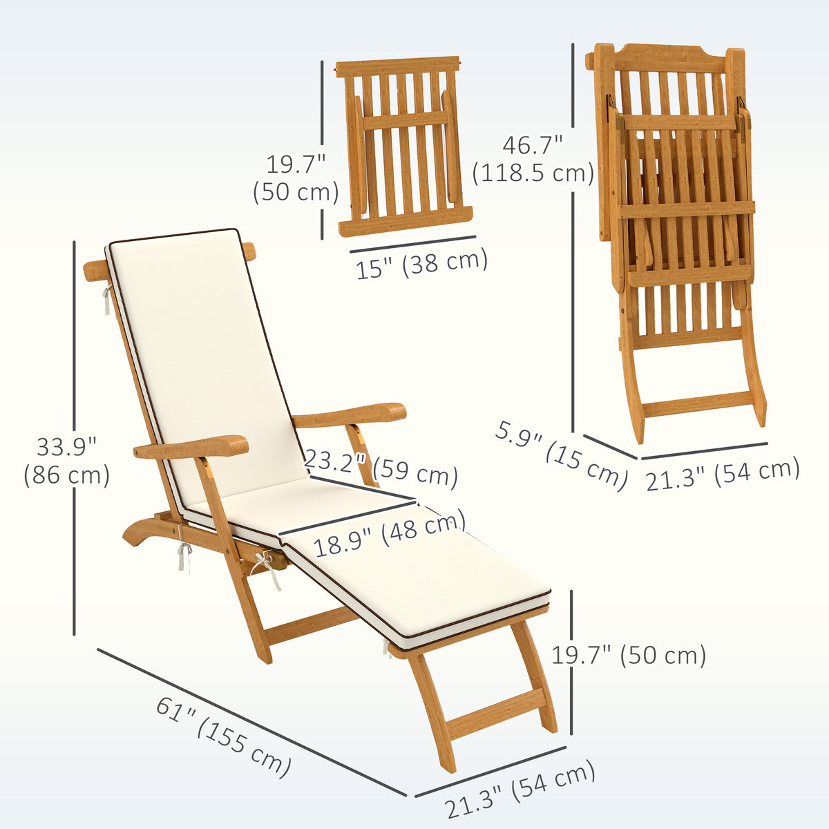 Folding Patio Lounge Chair with Padded Cushion, Acacia Wood Patio Lounger Recliner with Footrest for – view 9