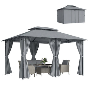 13'L x 10'W x 8.7'H Patio Gazebo Outdoor 2-Tiers Garden Canopy Yard Sunshade Shelter with Curtains, Grey