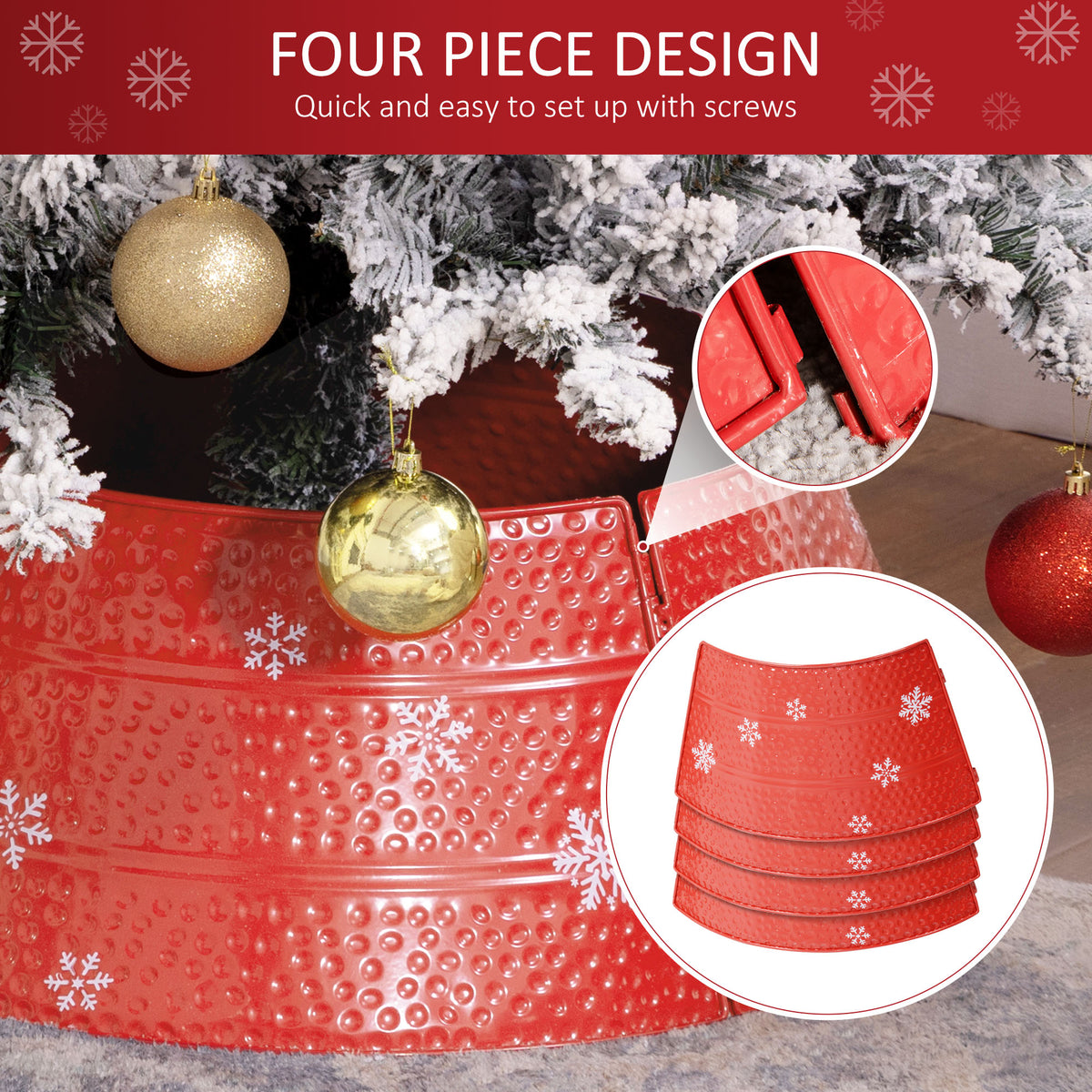 Christmas Tree Collar, 26" Metal Tree Ring Skirt, Home Xmas Decoration with Snowflake Engraving, Red