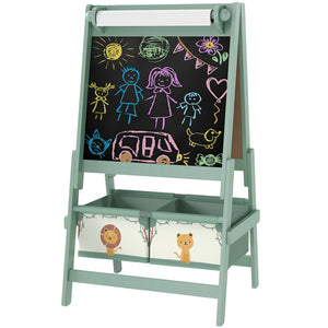 Qaba Art Easel for Kids, Double-Sided Whiteboard & Chalkboard with Paper Roll, 2 Storage Boxes, Gift for Boys, Girls