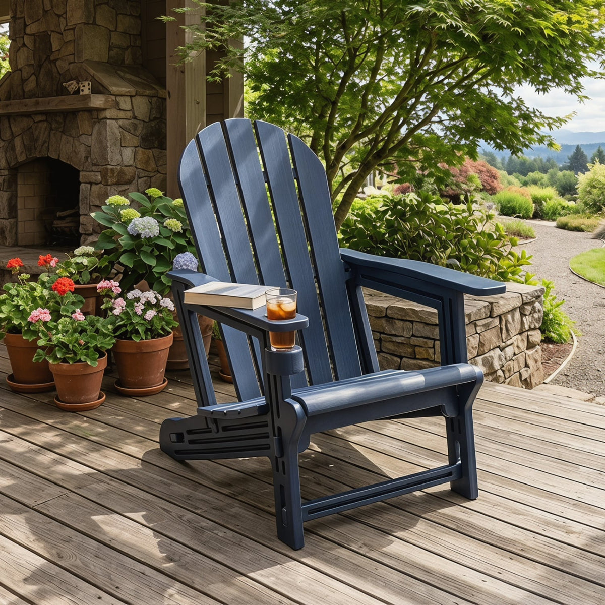 HDPE Adirondack Chair with Cup Holder and Wooden Texture for Patio-Blue view 2