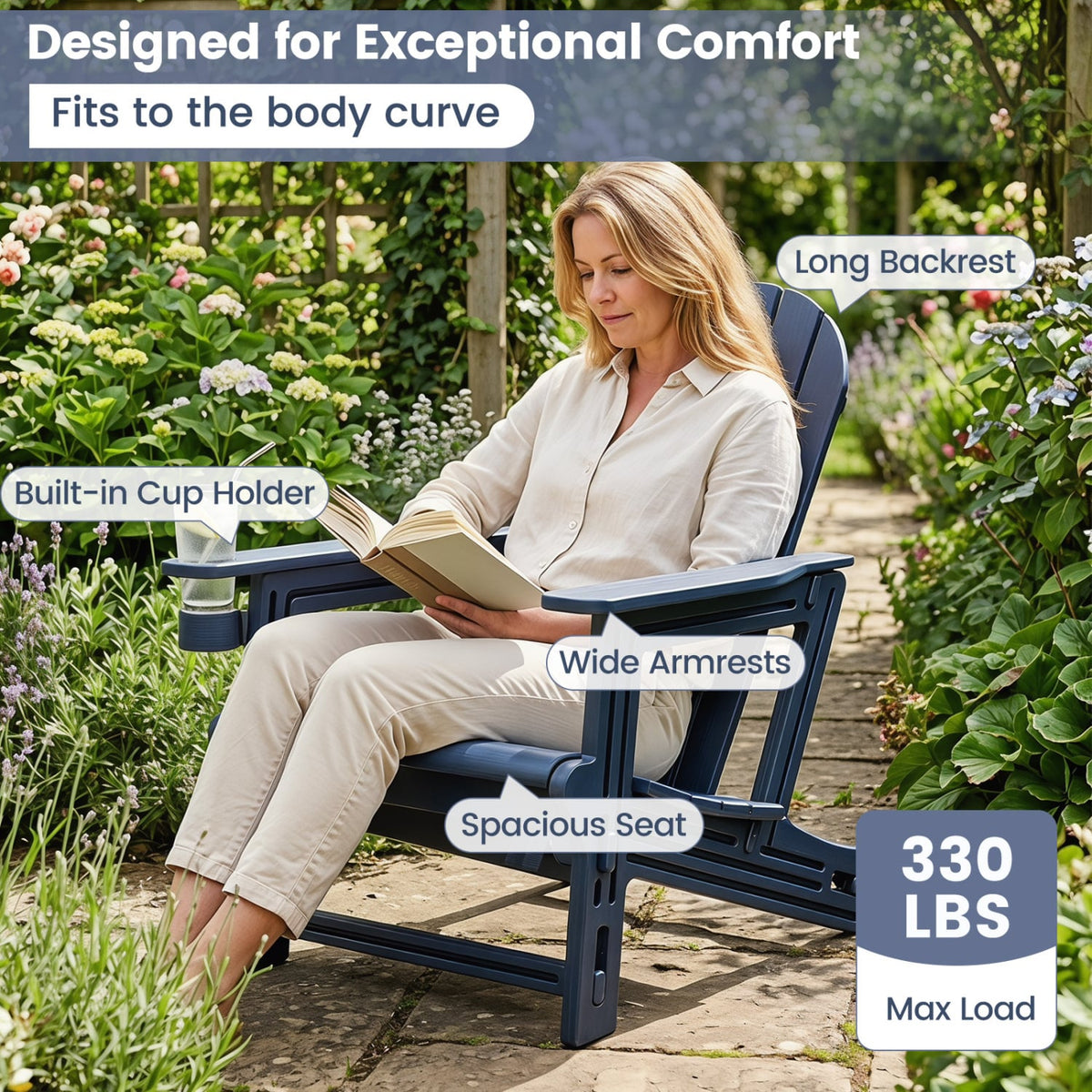 HDPE Adirondack Chair with Cup Holder and Wooden Texture for Patio-Blue view 7