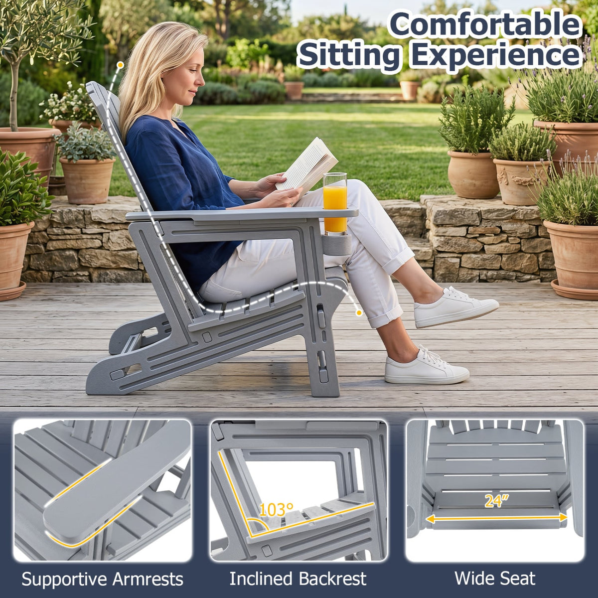 HDPE Adirondack Chair with Cup Holder and Wood-Like Texture High Back for Garden-Gray view 4