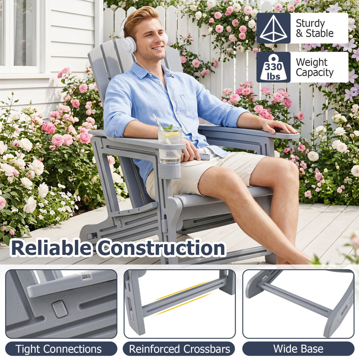 HDPE Adirondack Chair with Cup Holder and Wood-Like Texture High Back for Garden-Gray view 5