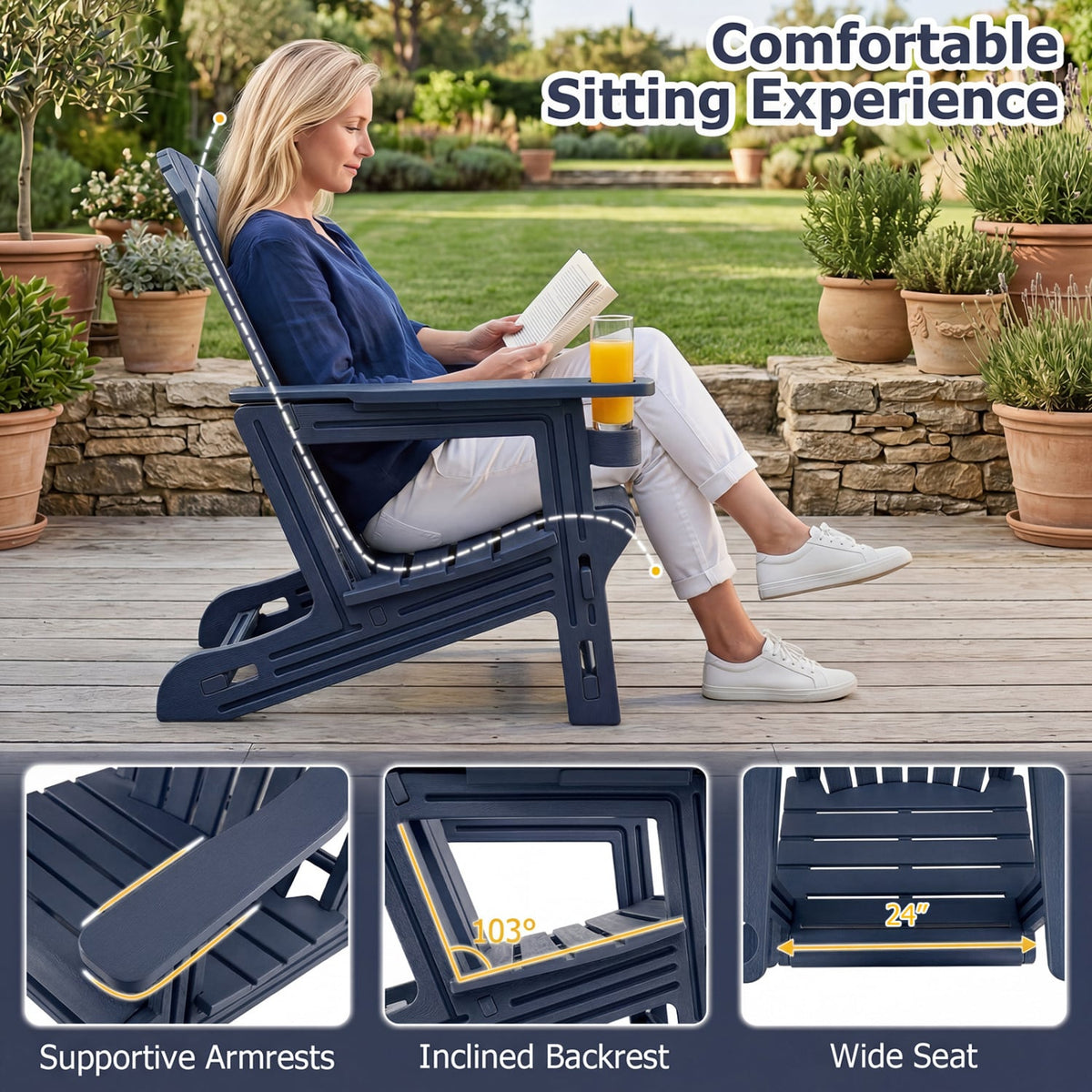 HDPE Adirondack Chair with Cup Holder and Wood-Like Texture High Back for Garden -Blue view 7