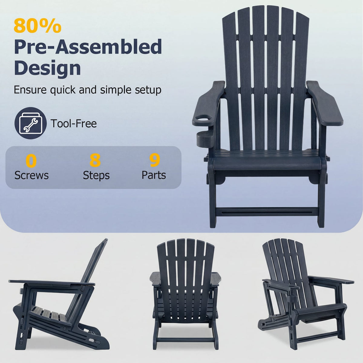 HDPE Adirondack Chair with Cup Holder and Wood-Like Texture High Back for Garden -Blue view 9