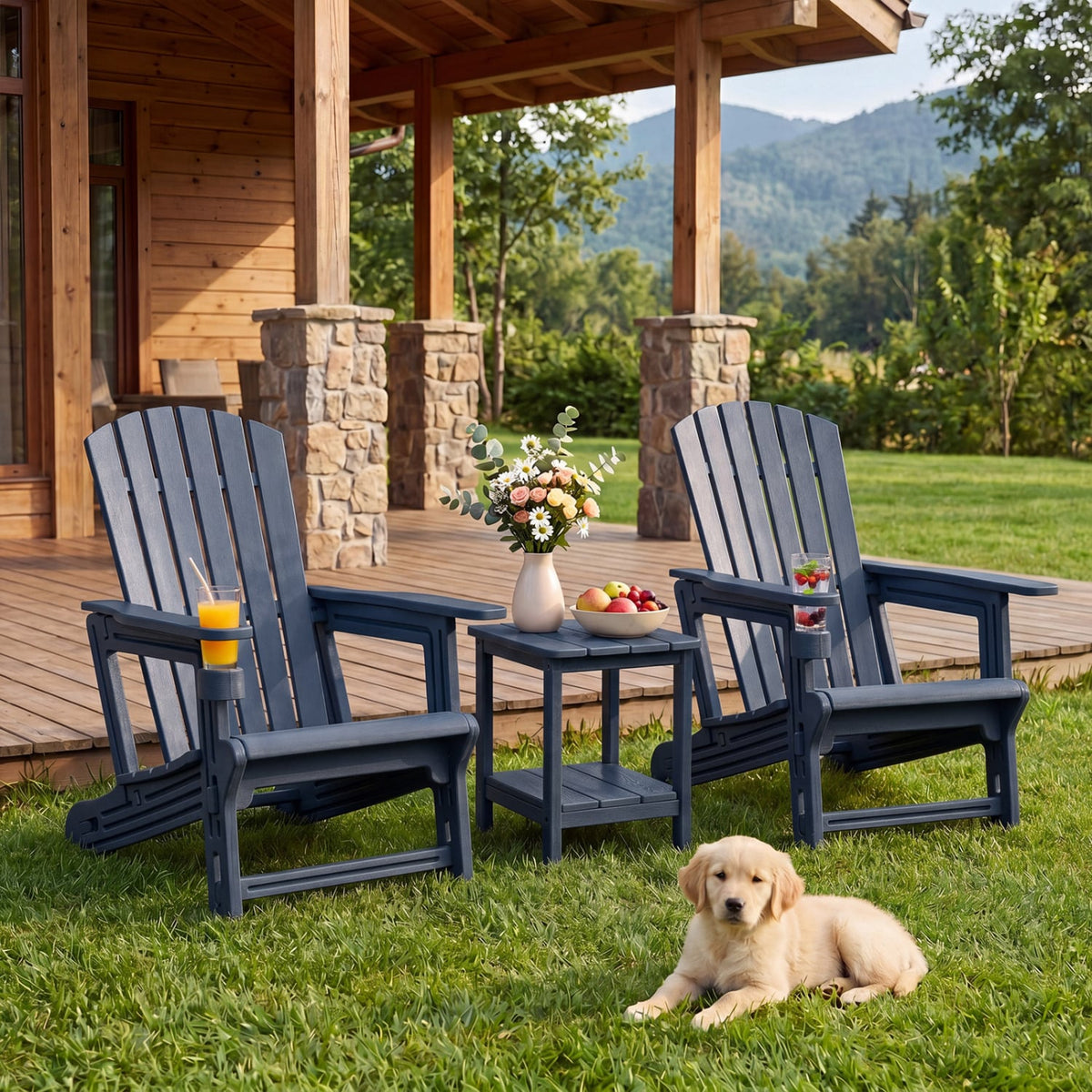 HDPE Adirondack Chair with Cup Holder and Wood-Like Texture High Back for Garden -Blue view 2