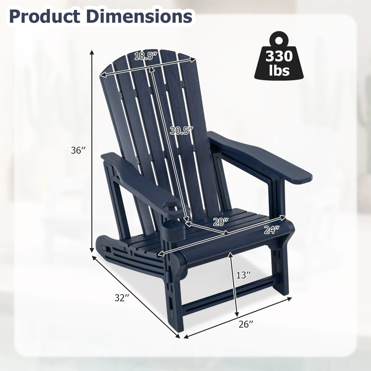 HDPE Adirondack Chair with Cup Holder and Wood-Like Texture High Back for Garden -Blue view 5