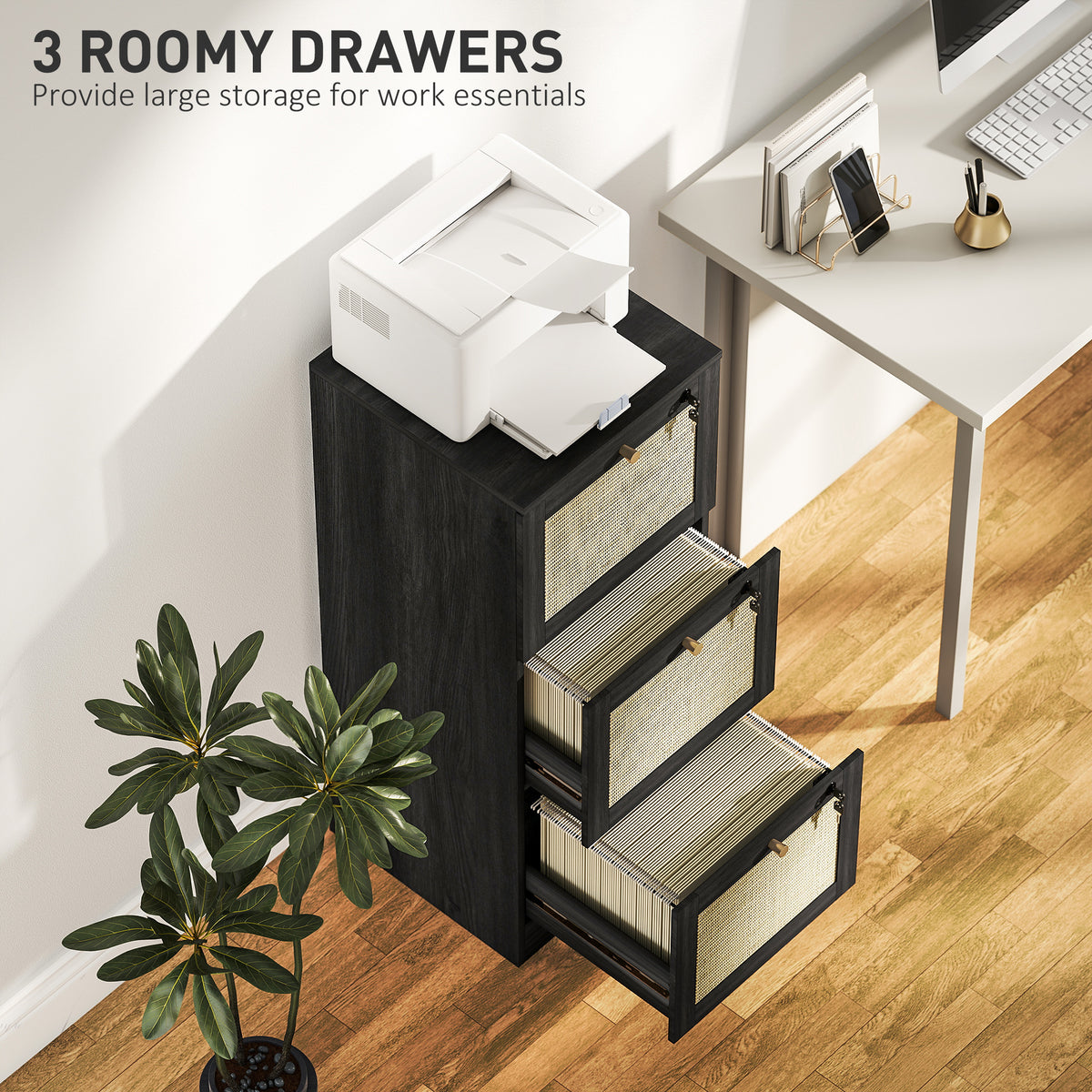 2 Drawer Filing Cabinet with Lock, Boho File Cabinet for A4 Letter Size Files with Decorative Rattan – view 17
