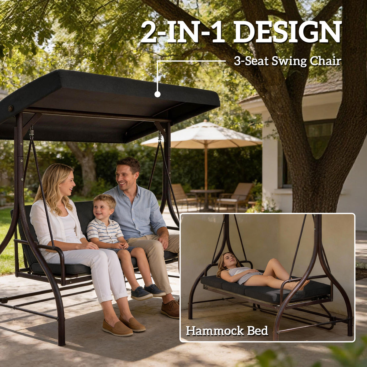 Convertible Patio Swing Bed with Canopy and Cushions, 3 Seater Porch Swing for Outdoor, Backyard, Garden – view 3
