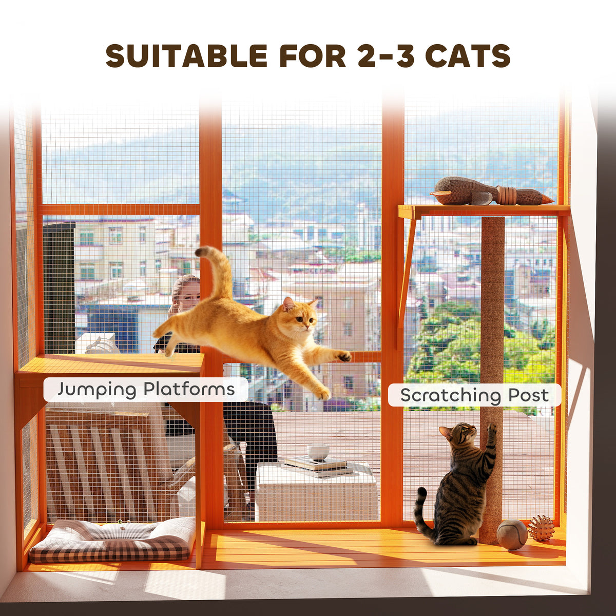 Wooden Catio Outdoor, Cat Window Box Enclosure for 2-3 Large Cats with 2 Jumping Platforms & Scratching – view 11