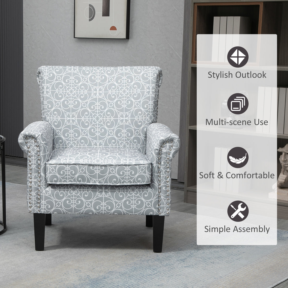 Upholstered Accent Chair, Single Armchair with Soft Linen Touch Fabric, Rolled Armrest with Nailhead Trim, Grey