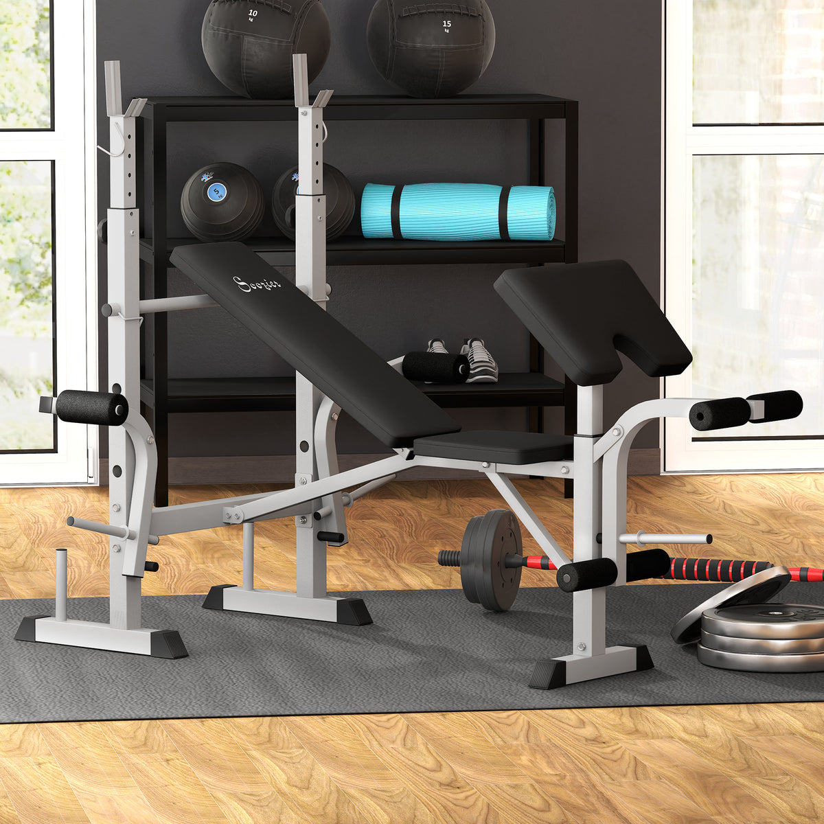 Soozier Bench Press Set Adjustable Weight Bench with Squat Rack, Preacher Curl Pad, Leg Developer and Weight Storage