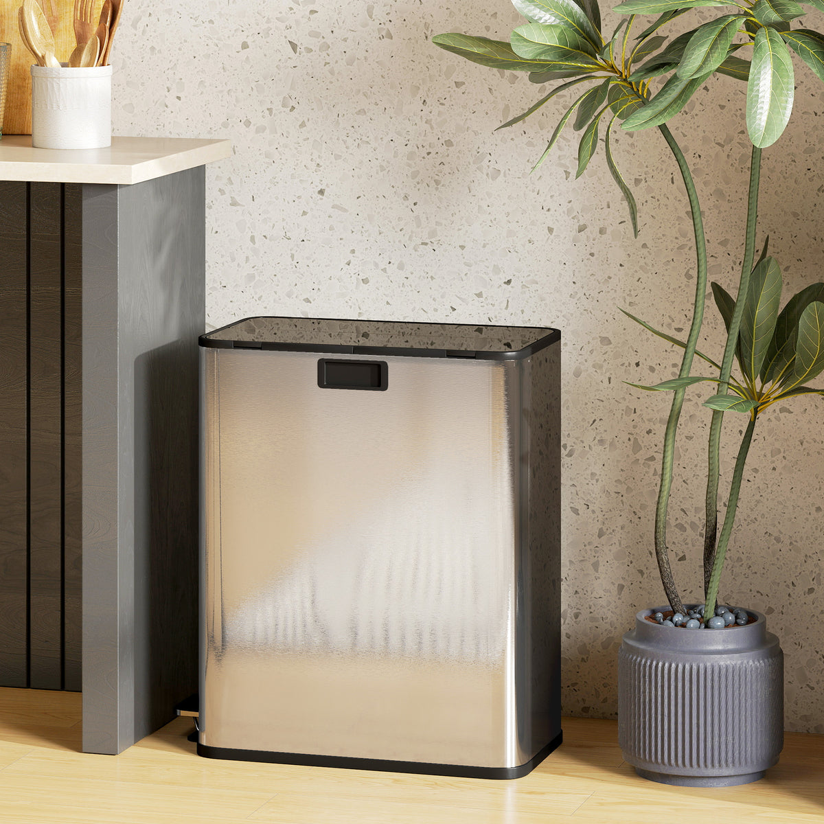 Dual Trash Can with Soft-Close Lid, Garbage Can with Removable Inner Bucket for Kitchen 2 x 7.4 Gal (2 x 28 L), Silver
