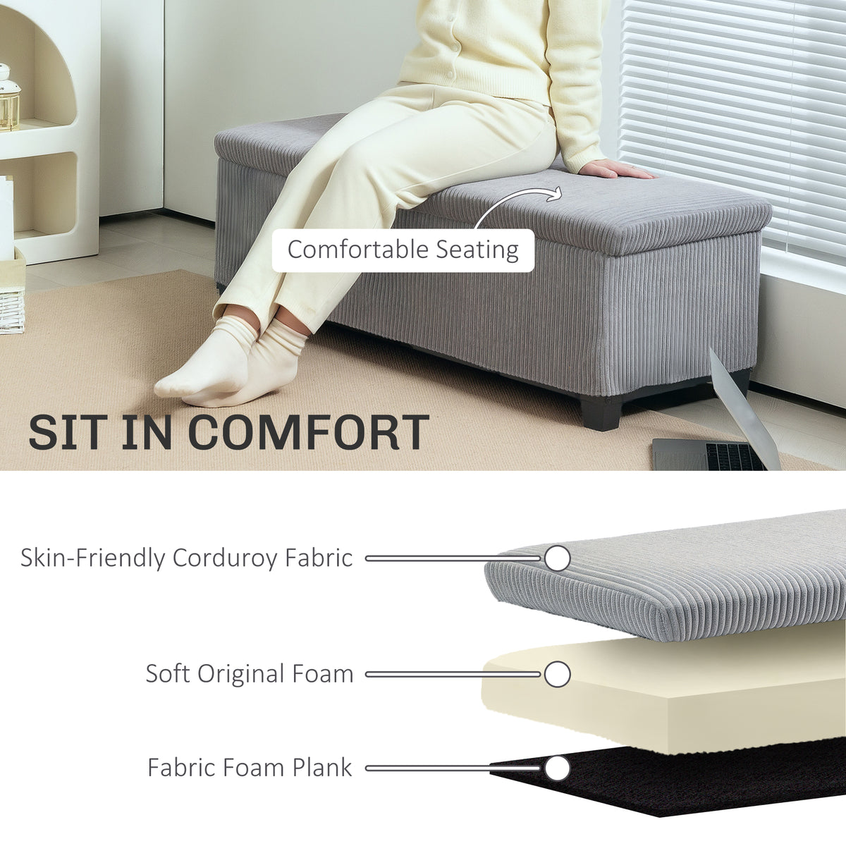 44 Inches Ottoman with Storage, Lid, Legs, Corduroy End of Bed Bench for Living Room, Bedroom, Entryway – view 11