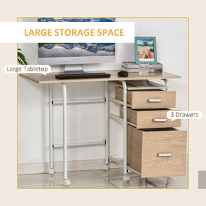 Foldable Computer Desk with Drawers, Executive Student Table with Storage Shelf, 6 Wheels for Bedroom Home Office Workstation, Natural