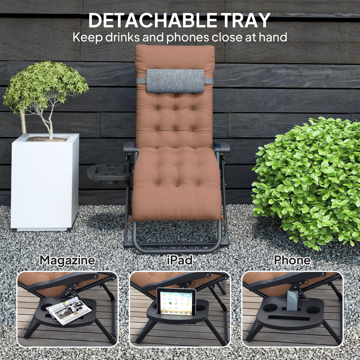 Padded Folding Recliner Chair, Patio Lounger with Cupholder, Adjustable Backrest, Removable Cushion, Black – view 26