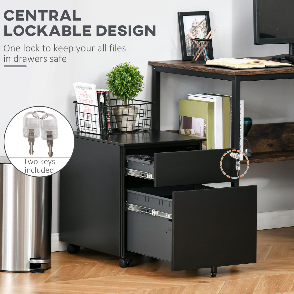 Lockable File Cabinet, Steel Filing Cabinet on Wheels for Legal, A4, Letter Size, with Pencil Tray for Home Office