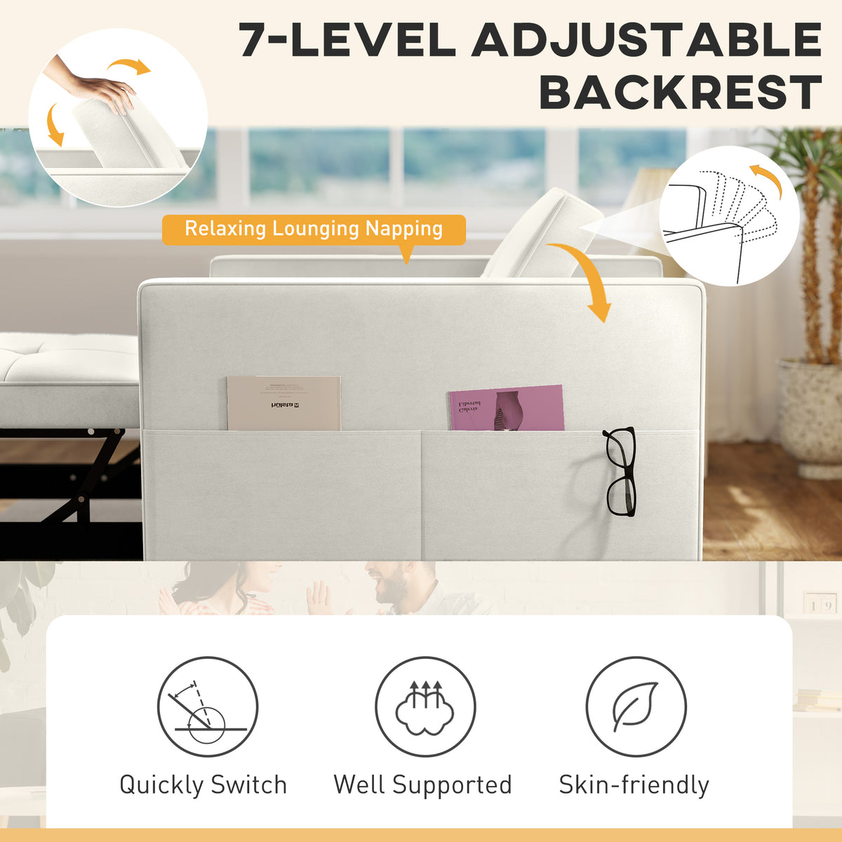 Convertible Chair Bed, Pull Out Sleeper Chair with USB, Adjustable Backrest, Small Velvet Futon Sofa Bed – view 4