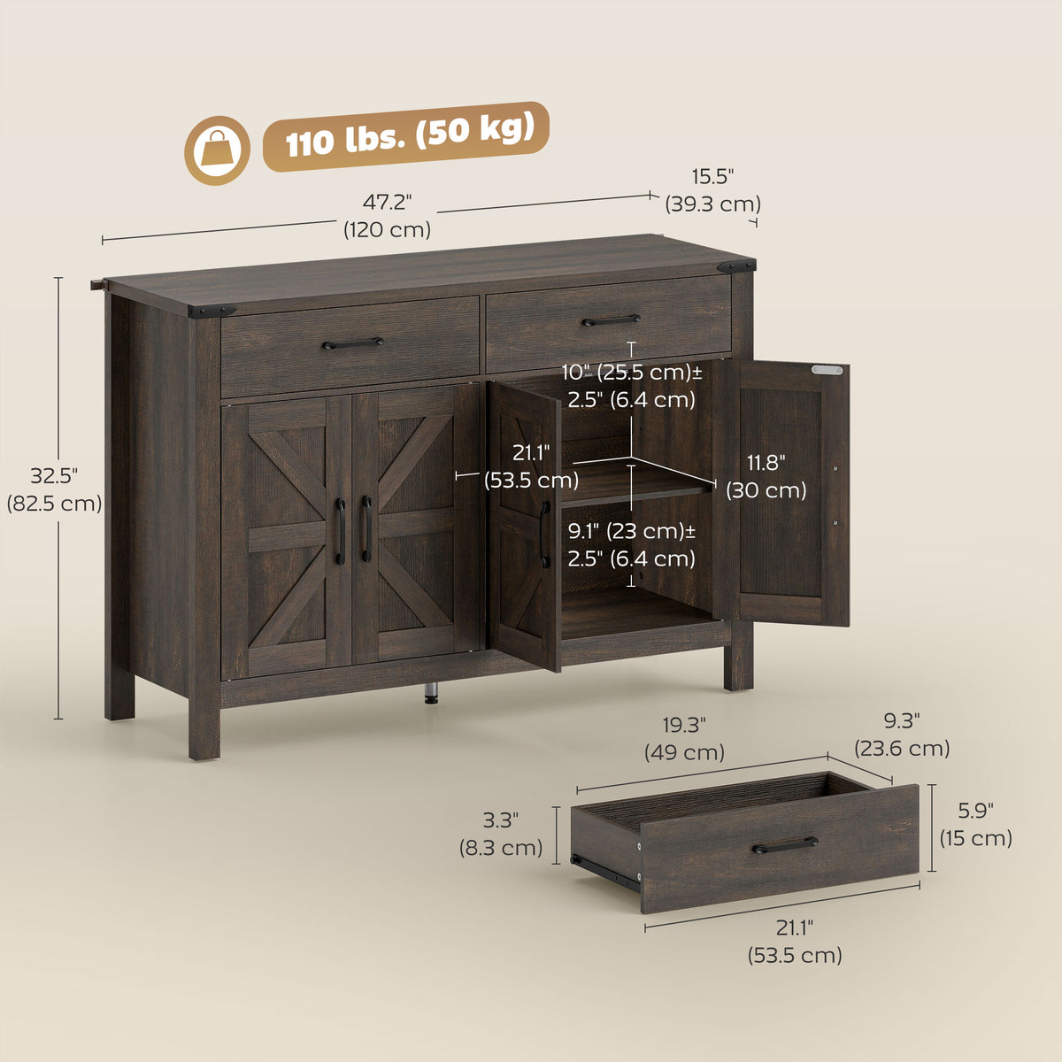 Side Cabinet, Farmhouse Kitchen Storage Cabinet w/ 2 Drawers and Shelves for Living Room, Entryway, Grey – view 26