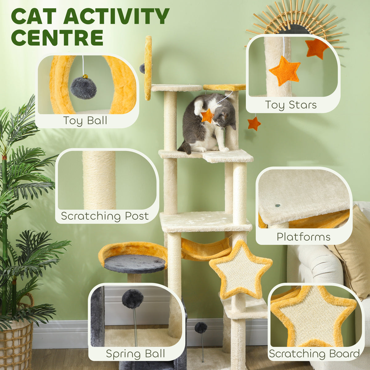 Star and Moon Themed Cat Tree with Cat Scratching Posts, Cat Condo, Bed, Scratching Board, Cat Toys, Beige