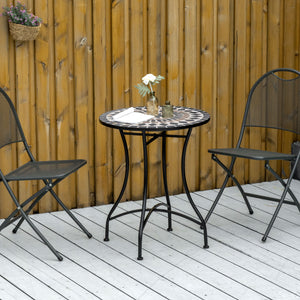 Mosaic Patio Table, Round Coffee Table with Metal Frame, Garden Furniture for Outdoor, Poolside, Black