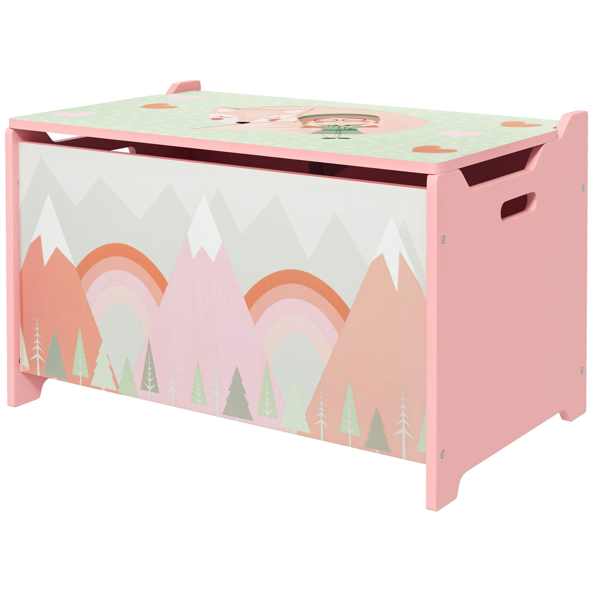 Qaba Toy Box, Kids Storage Chest with Lid, Safety Hinges and Groove Handles, Toy Storage Organizer with Mountain Pattern for Boys, Girls