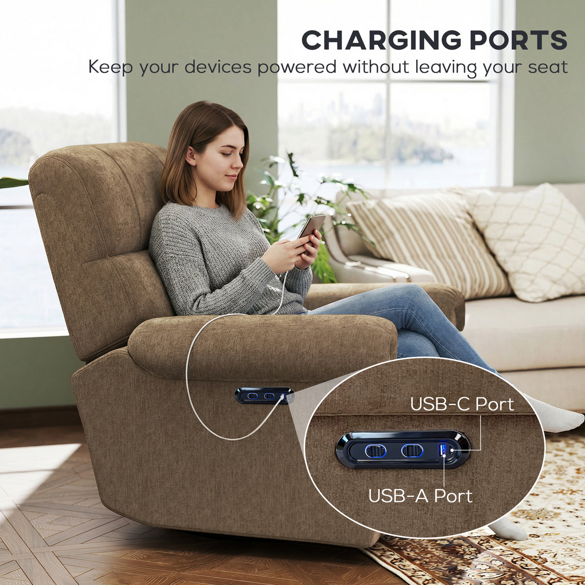 Power Recliner Chair, Fabric Upholstered Recliner Chair with USB Ports, Swivel and Rocking Function – view 20
