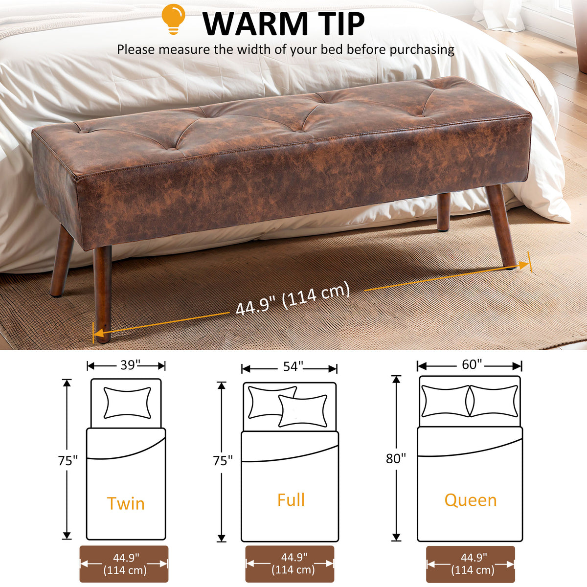 Bedroom Bench, End of Bed Bench with Button Tufted, PU Leather Upholstered Entryway Bench with Wood Legs, Brown
