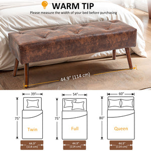 Bedroom Bench, End of Bed Bench with Button Tufted, PU Leather Upholstered Entryway Bench with Wood Legs, Brown