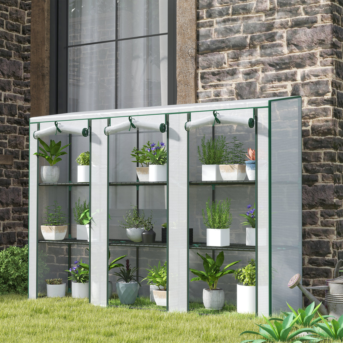 Lean-to Greenhouse with 3 Tier Shelves, Mini Greenhouse with 3 Roll-Up Doors for Indoor Outdoor, Green – view 14