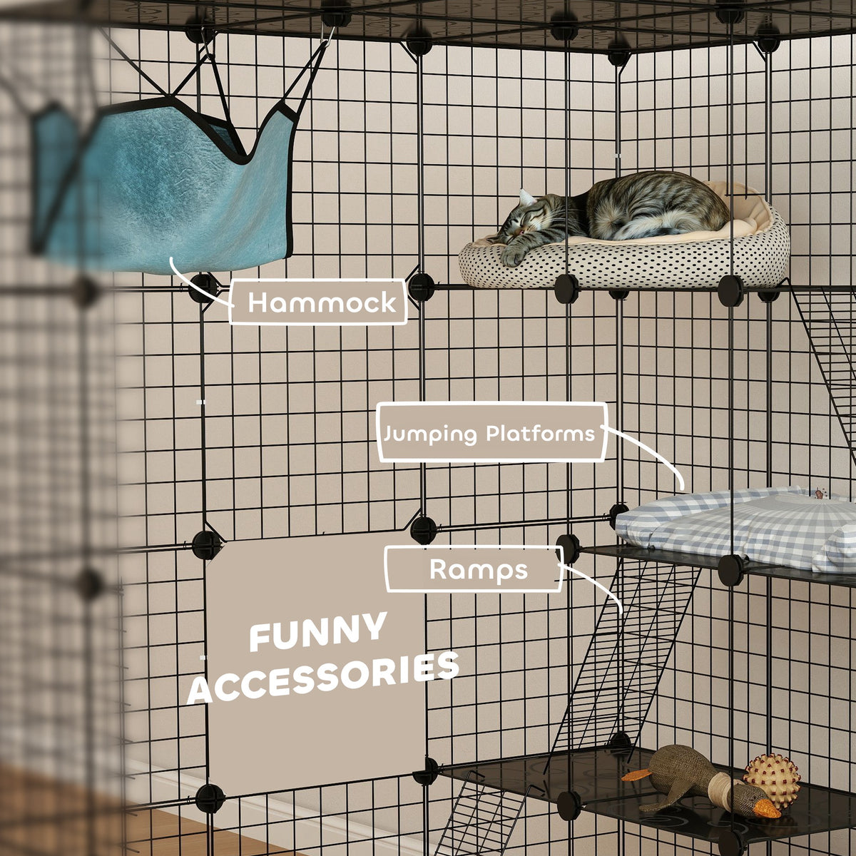 4 Tier DIY Cat Cage Indoor, Catio for 1-3 Cats with Hammock, 5 Doors, 3 Ramps, 3 Jumping Platforms – view 6