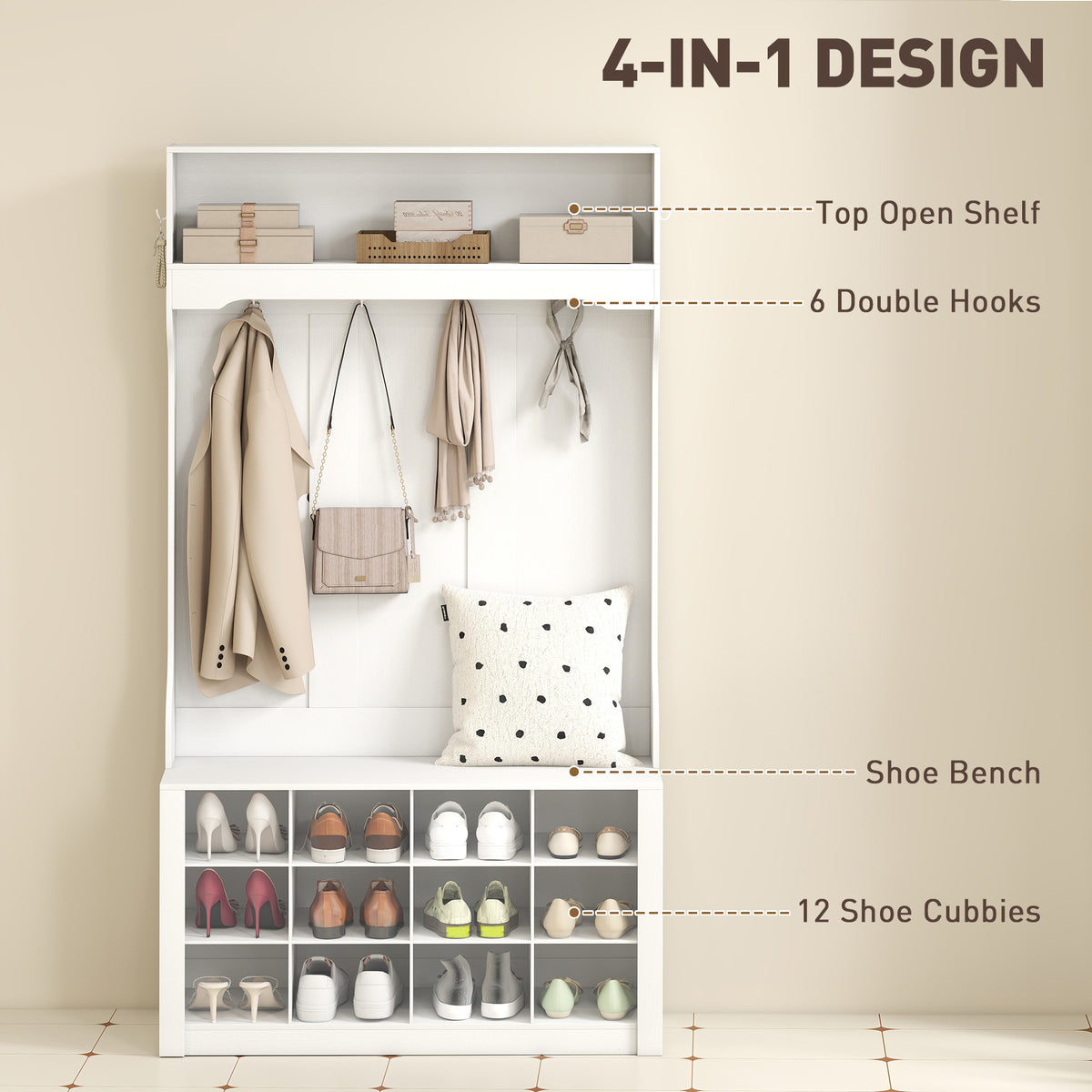4-In-1 Hall Tree with Bench and Shoe Storage, Farmhouse Coat Rack Shoe Bench with 12 Shoe Cubbies, 6 Hooks – view 10
