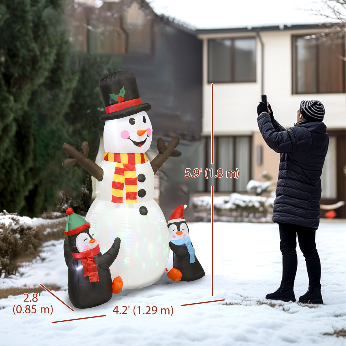 6FT Christmas Inflatables Snowman & Penguins with LED Lights and Flashing Projector Light, Blow Up Inflatable Decoration