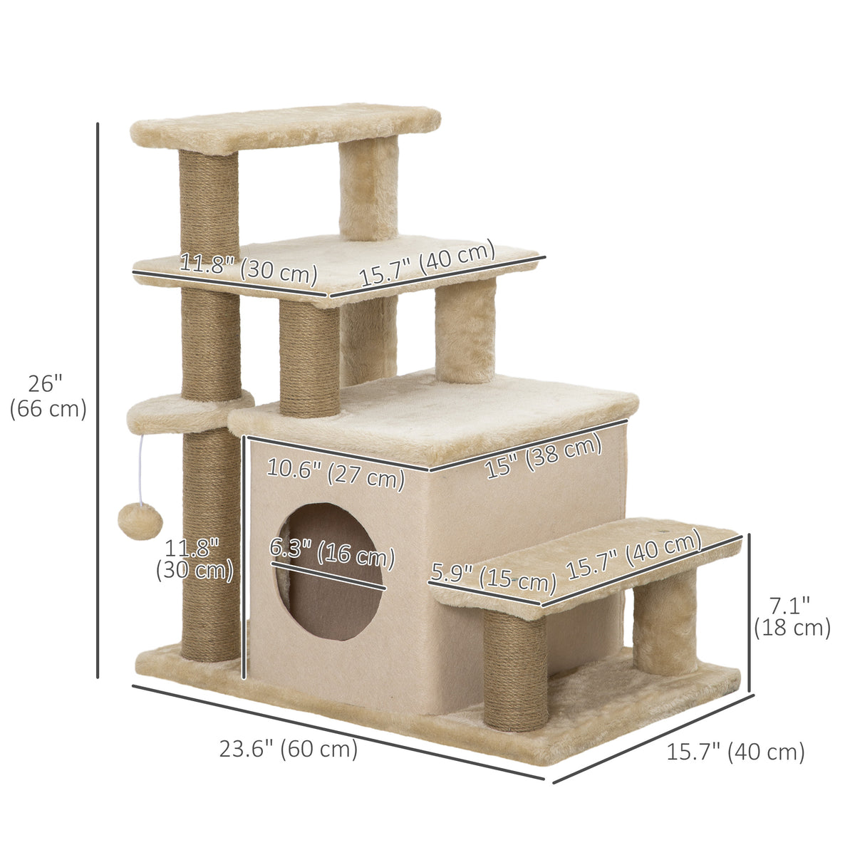 Cat Stairs Pet Steps for Couch Bed with Scratching Posts Condo Ball Toy, 23.6" x 15.7" x 26", Grey – view 9
