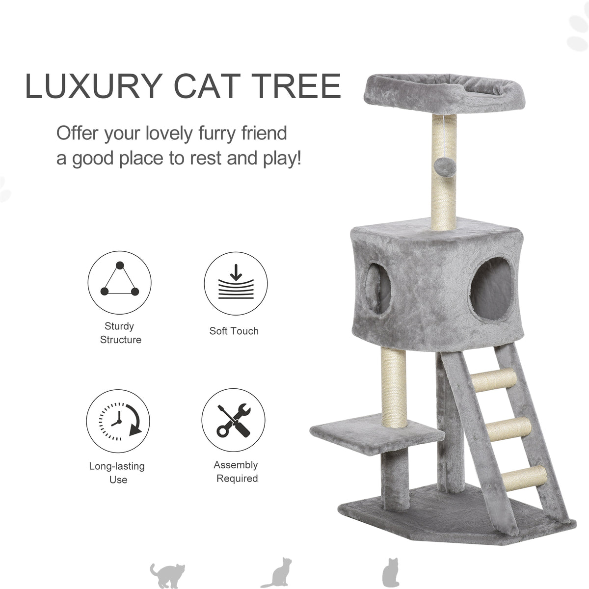 47" Tall Cat Tree Tower with Condo, Ladder, Scratching Posts and Hanging Ball, Light Grey – view 3