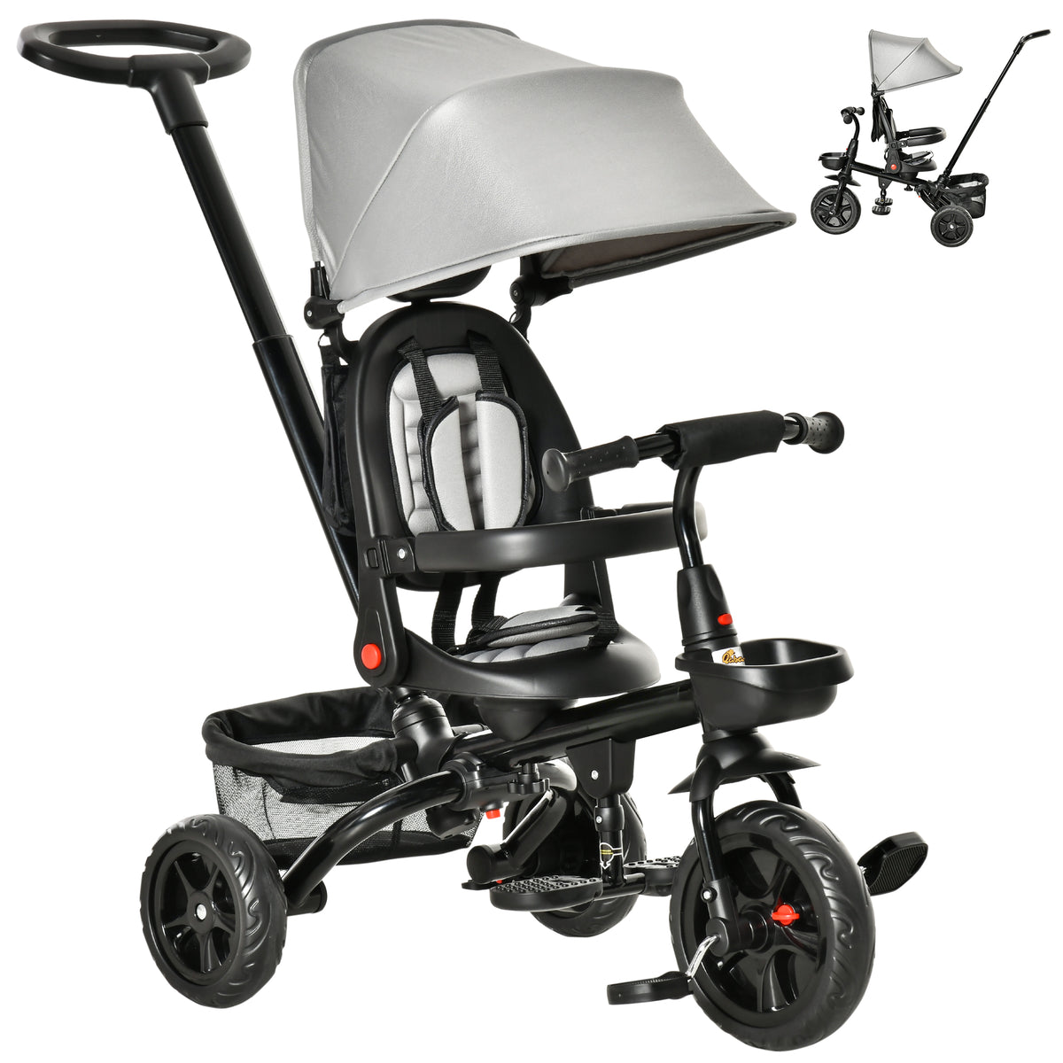 Qaba Tricycle for Toddler 5 in 1 Kids Trike, Foldable Converts Stroller to Toddler Bike, Adjustable Backrest & Curved Canopy, Detachable Guardrail & Handle for 1-5 Years Old