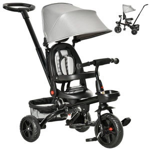 Qaba Tricycle for Toddler 5 in 1 Kids Trike, Foldable Converts Stroller to Toddler Bike, Adjustable Backrest & Curved Canopy, Detachable Guardrail & Handle for 1-5 Years Old