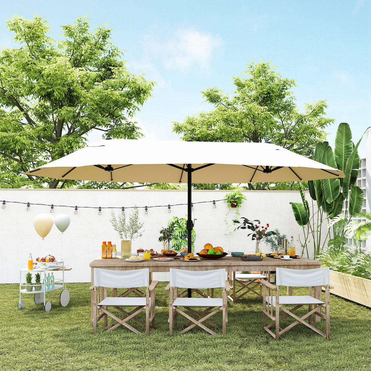15' Outdoor Patio Umbrella with Twin Canopy Sunshade Steel Table Umbrella with Lift Crank Beige