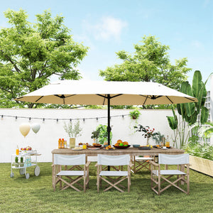 15' Outdoor Patio Umbrella with Twin Canopy Sunshade Steel Table Umbrella with Lift Crank Beige